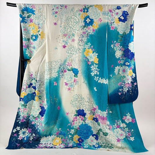 【美品】振袖禮服 身長178cm 袖長73.5cm L 雙層 鈴乃屋 草花紋紋 銀通金金箔 白色 純蠶絲 逸品級