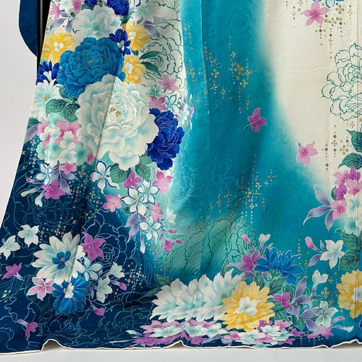 【美品】振袖禮服 身長178cm 袖長73.5cm L 雙層 鈴乃屋 草花紋紋 銀通金金箔 白色 純蠶絲 逸品級