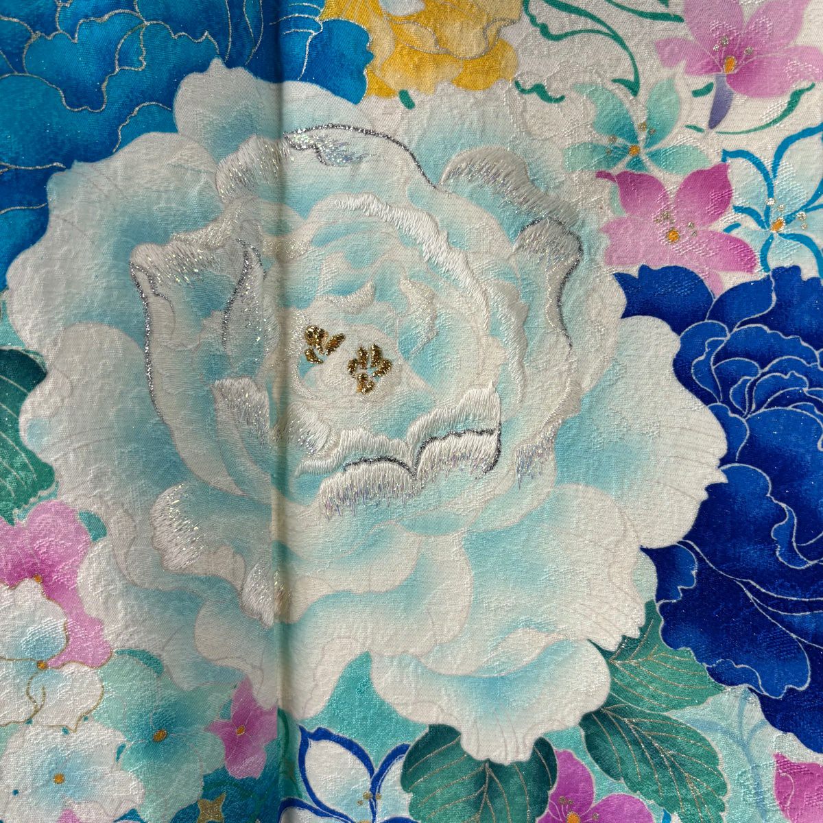 【美品】振袖禮服 身長178cm 袖長73.5cm L 雙層 鈴乃屋 草花紋紋 銀通金金箔 白色 純蠶絲 逸品級
