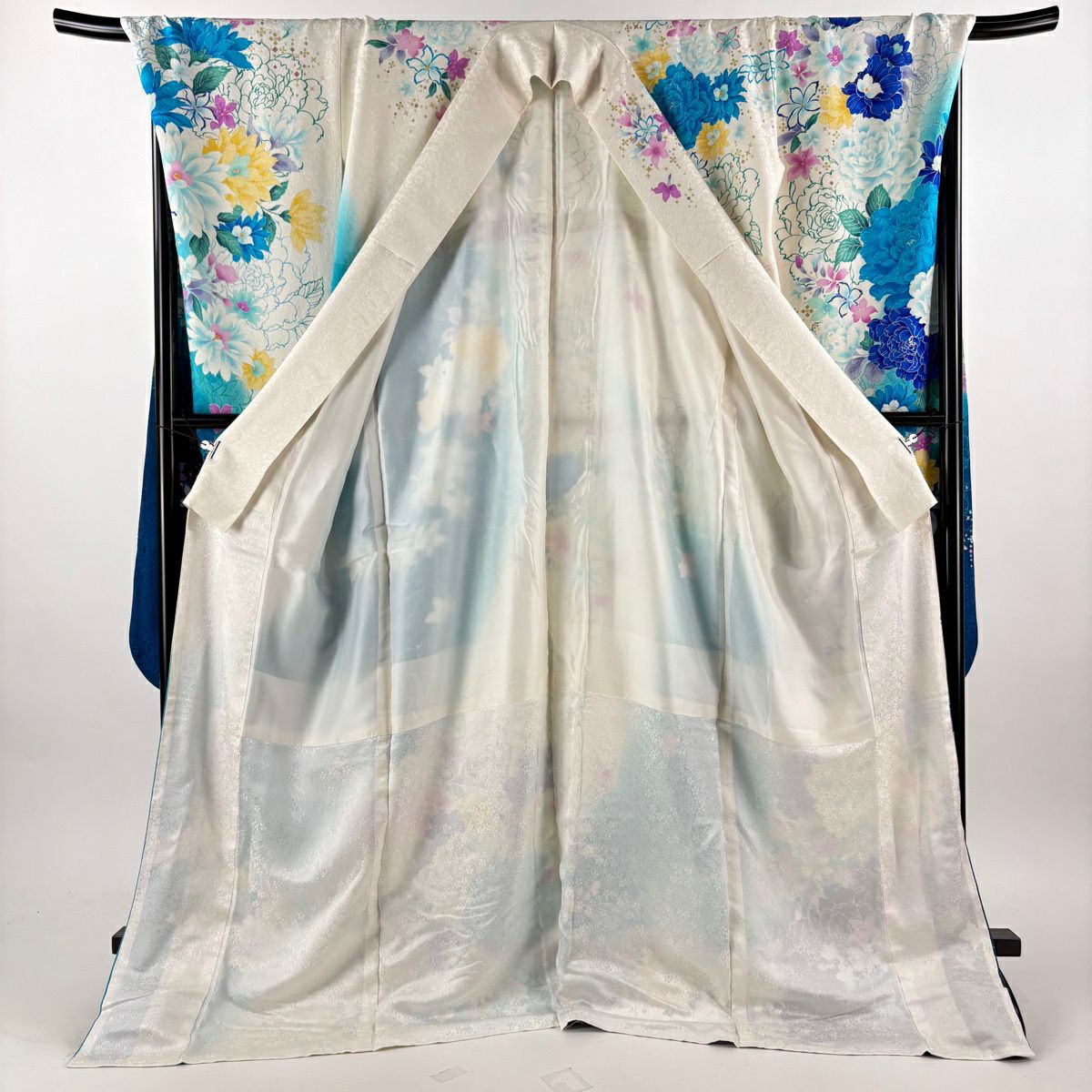 【美品】振袖禮服 身長178cm 袖長73.5cm L 雙層 鈴乃屋 草花紋紋 銀通金金箔 白色 純蠶絲 逸品級