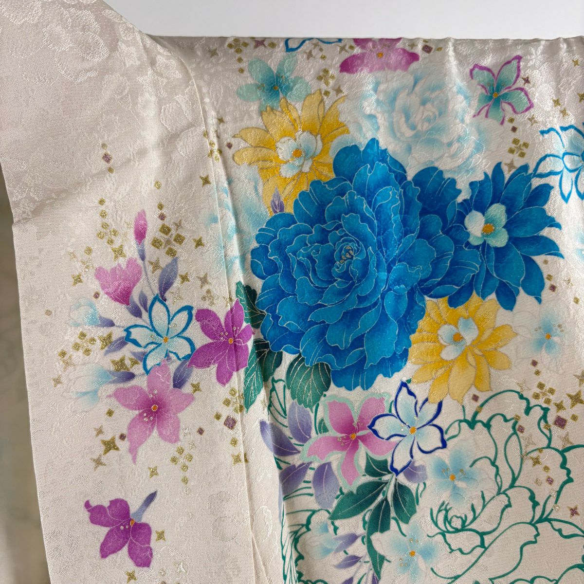 【美品】振袖禮服 身長178cm 袖長73.5cm L 雙層 鈴乃屋 草花紋紋 銀通金金箔 白色 純蠶絲 逸品級