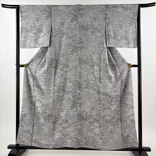 【美品】 小紋 身長157.5cm 袖長64cm M 雙層 山岡古都 墨染 牡丹 草花紋紋意匠 灰色 純蠶絲 逸品級