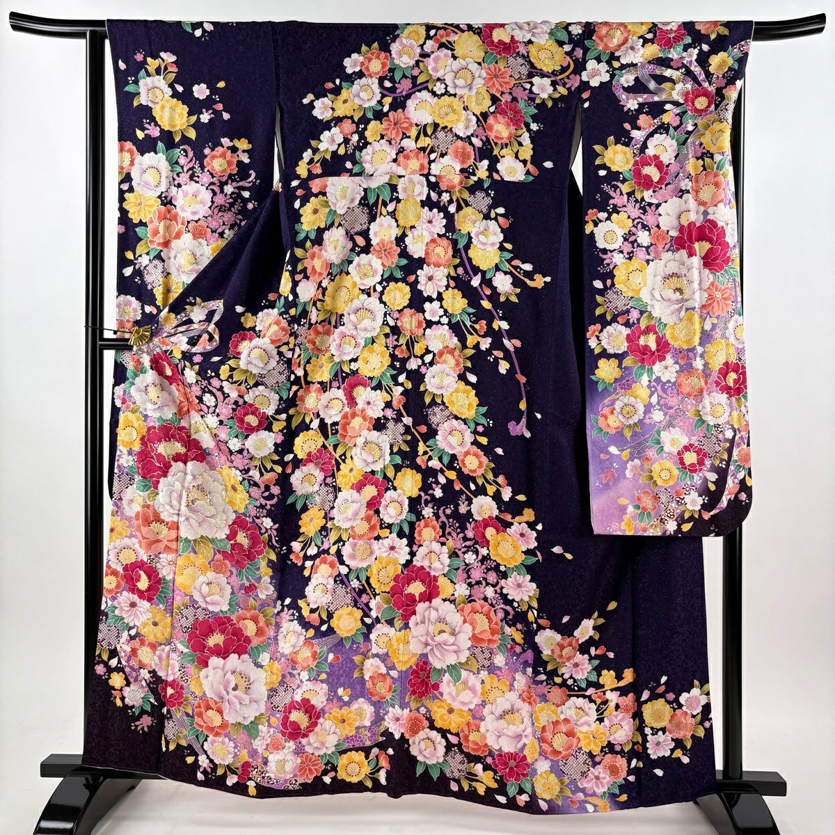振袖禮服 身長163cm 袖長65.5cm M 雙層 牡丹 櫻花 金銀彩 金金箔 深紫 純蠶絲 逸品級