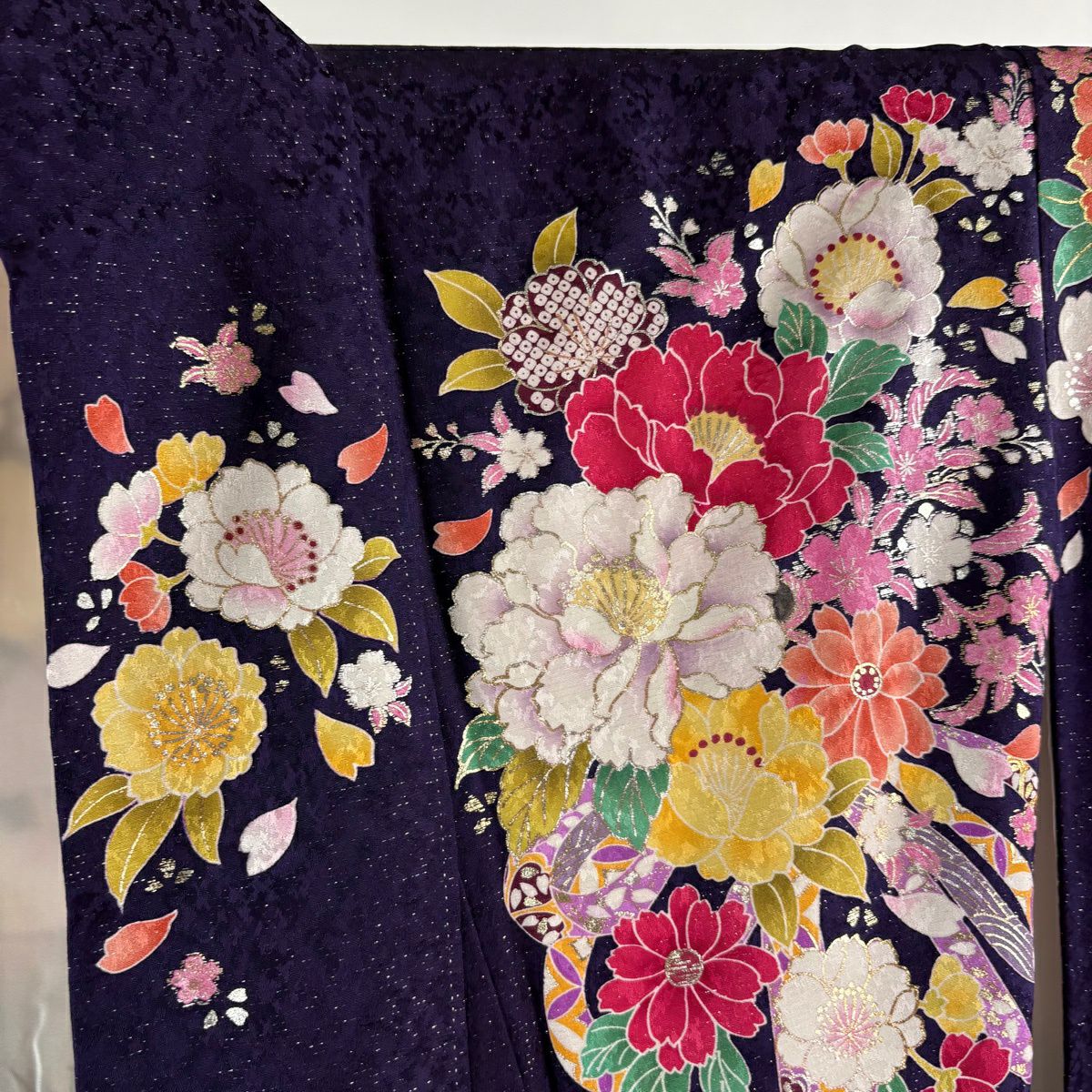 振袖禮服 身長163cm 袖長65.5cm M 雙層 牡丹 櫻花 金銀彩 金金箔 深紫 純蠶絲 逸品級