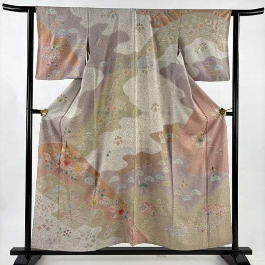 【美品】訪問服 身長157cm 袖長62cm S 雙層 松樹井青青 落款あり 桐 千鳥 金銀彩 絞染 灰茶 純蠶絲 逸品級
