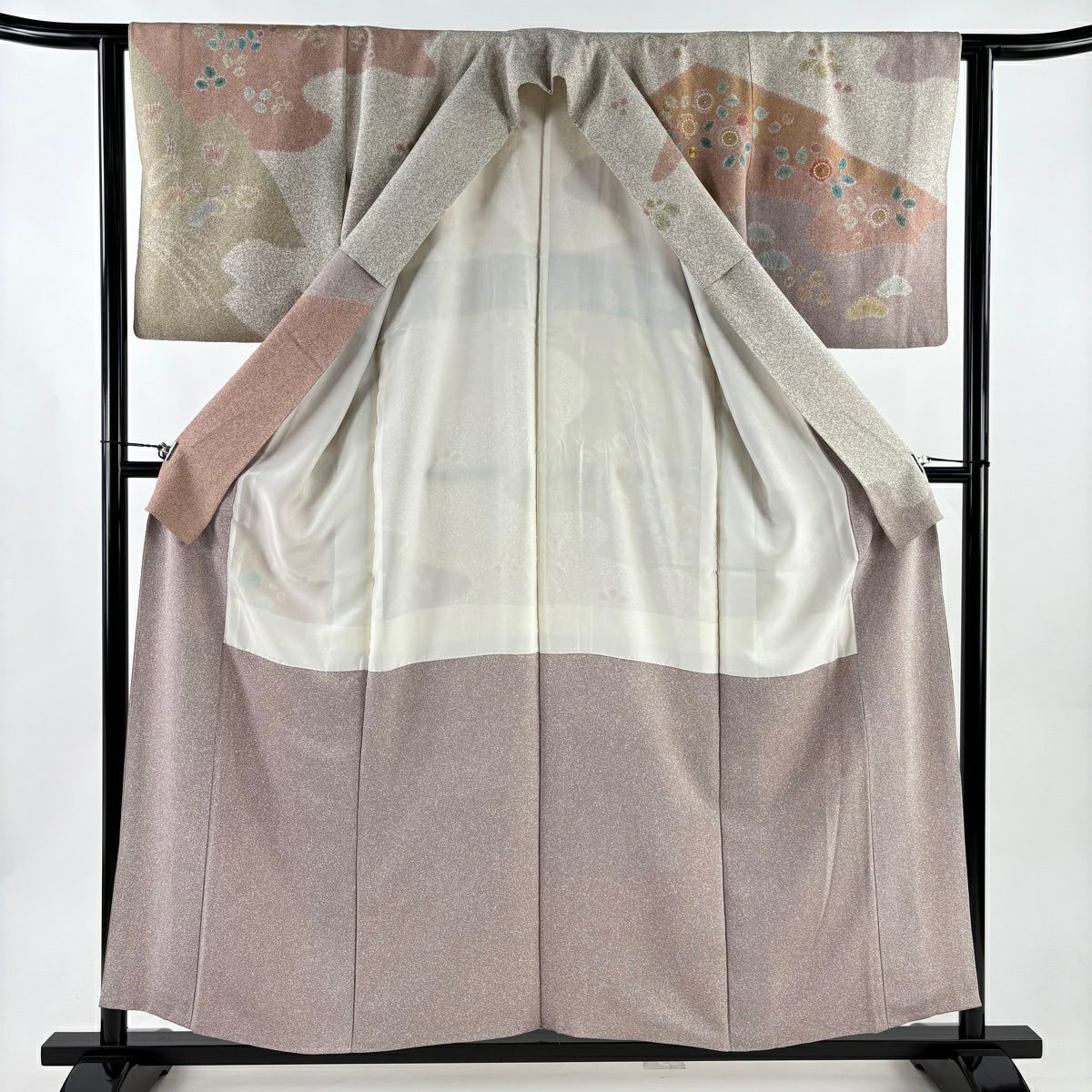 【美品】訪問服 身長157cm 袖長62cm S 雙層 松樹井青青 落款あり 桐 千鳥 金銀彩 絞染 灰茶 純蠶絲 逸品級