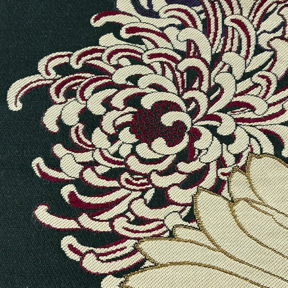 半幅帶 名品級 亂菊花 兔子 金絲 深綠 純蠶絲