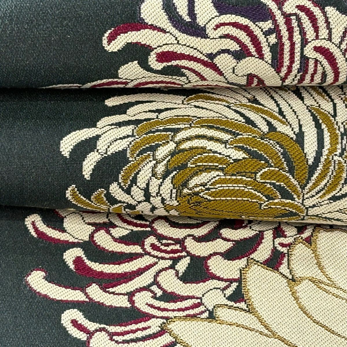 半幅帶 名品級 亂菊花 兔子 金絲 深綠 純蠶絲
