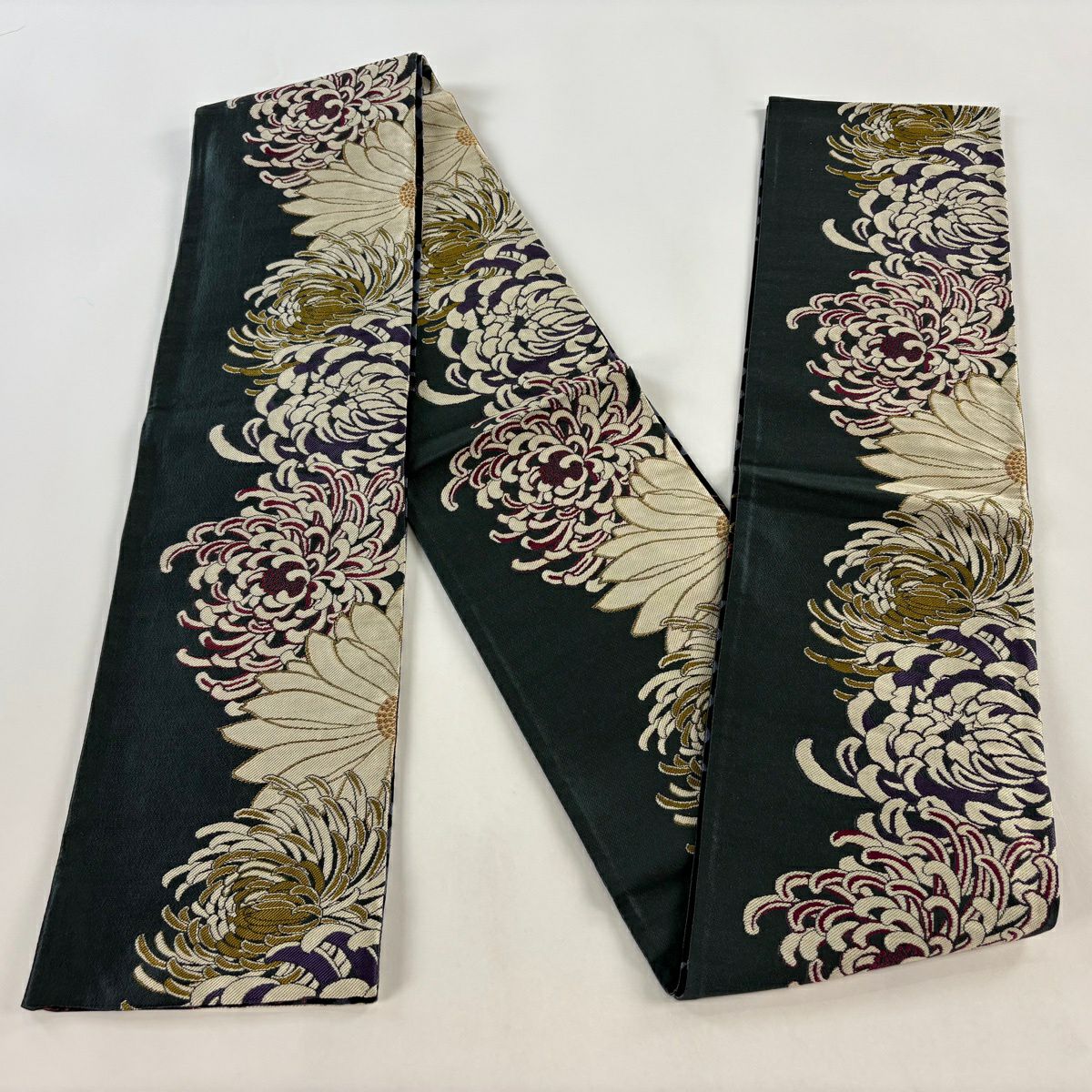 半幅帶 名品級 亂菊花 兔子 金絲 深綠 純蠶絲