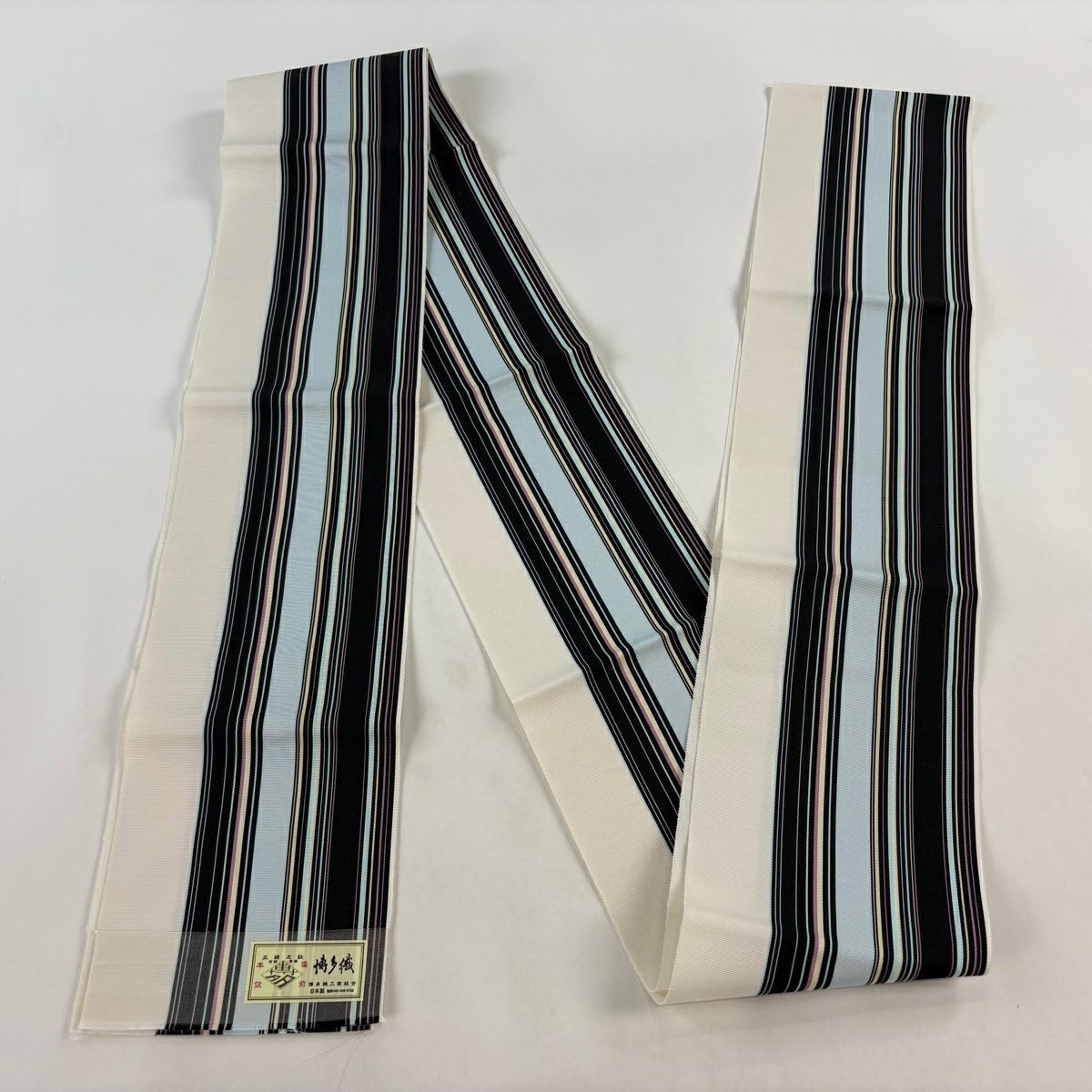 【美品】半幅帶 名品級 博多織 證書有 條紋 奶油色 純蠶絲
