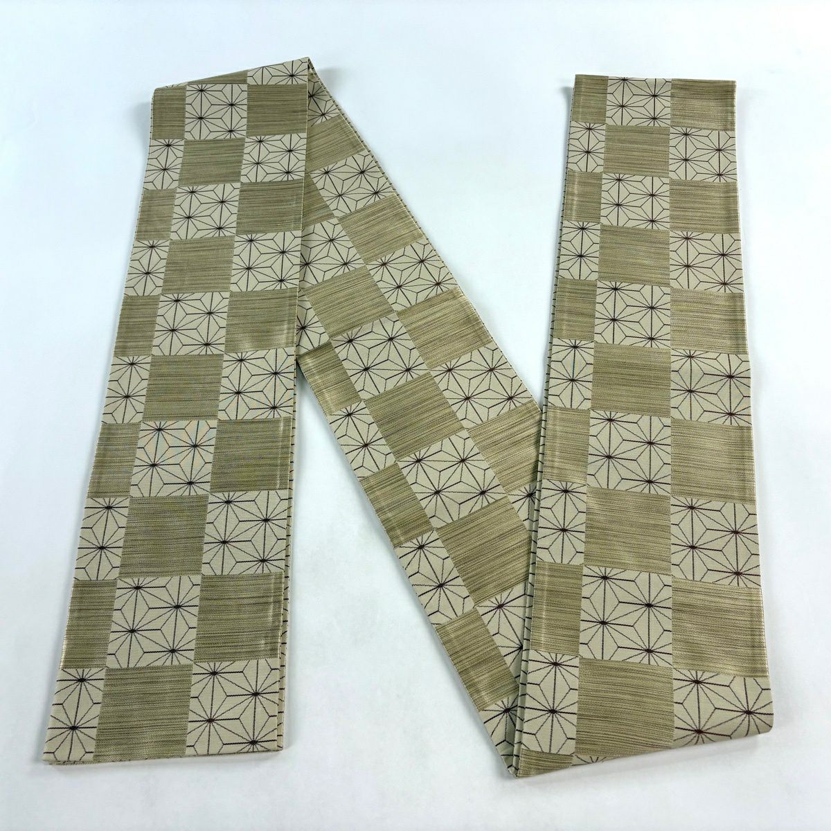 【美品】半幅帶 名品級 博多織 證書有 市松樹 麻葉 薄茶 純蠶絲