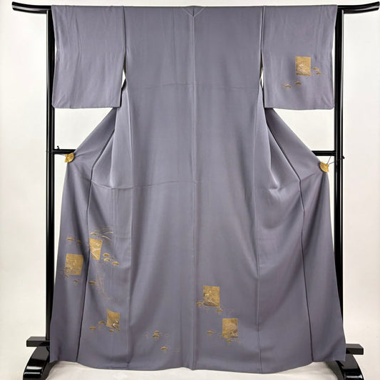 付下 身長168.5cm 袖長64cm M 雙層 青山美友 松樹 波頭 刺繡 金彩裝飾 灰紫 純蠶絲 逸品級
