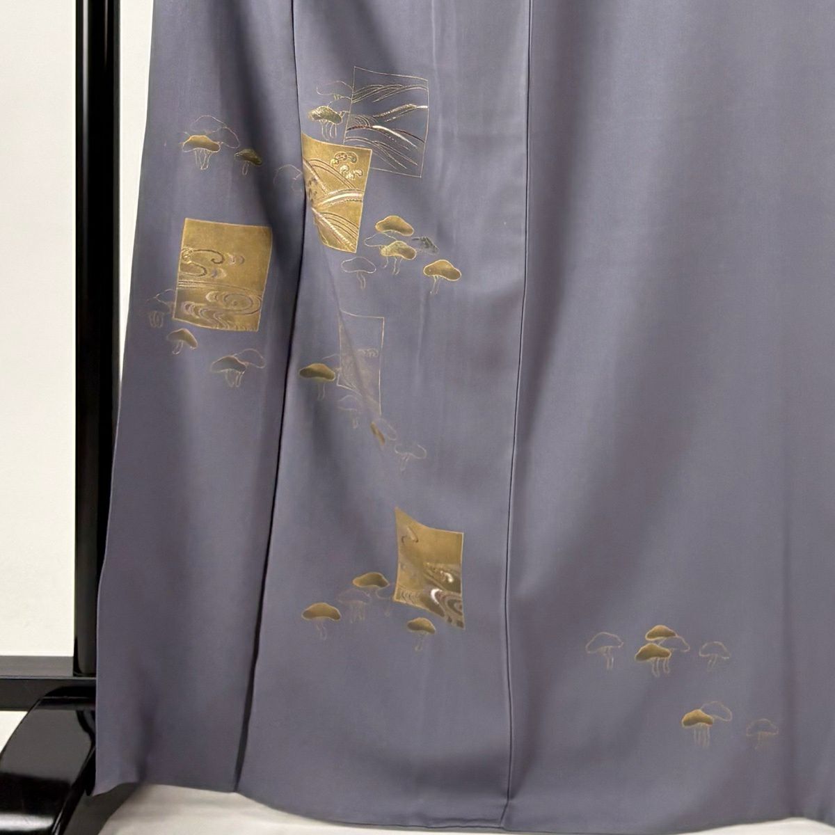 付下 身長168.5cm 袖長64cm M 雙層 青山美友 松樹 波頭 刺繡 金彩裝飾 灰紫 純蠶絲 逸品級