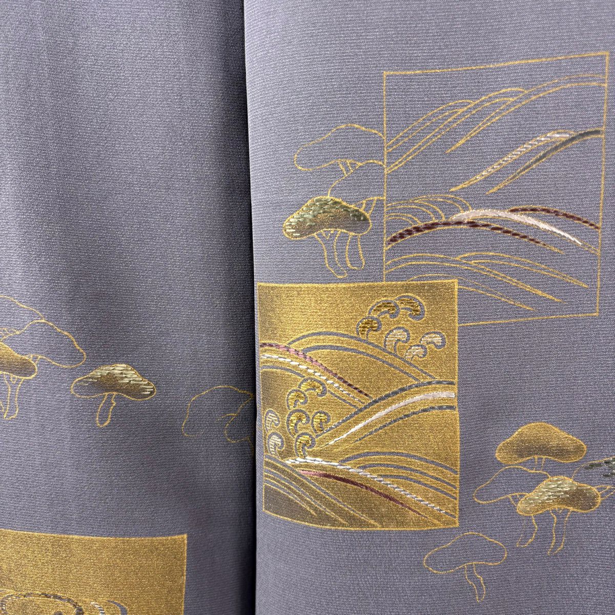 付下 身長168.5cm 袖長64cm M 雙層 青山美友 松樹 波頭 刺繡 金彩裝飾 灰紫 純蠶絲 逸品級