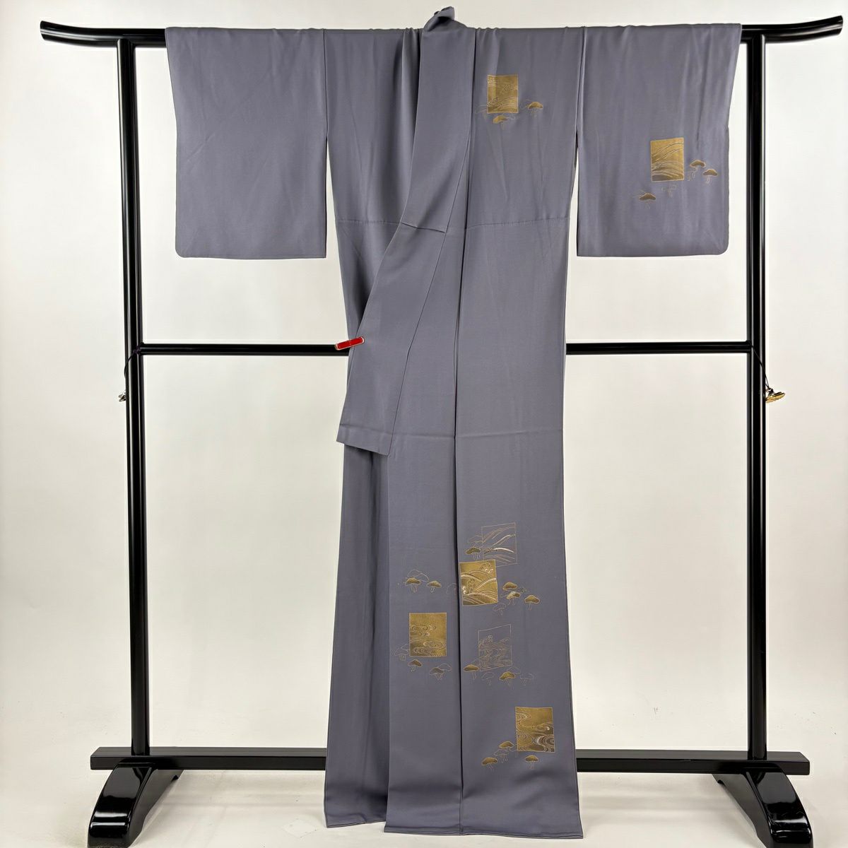 付下 身長168.5cm 袖長64cm M 雙層 青山美友 松樹 波頭 刺繡 金彩裝飾 灰紫 純蠶絲 逸品級