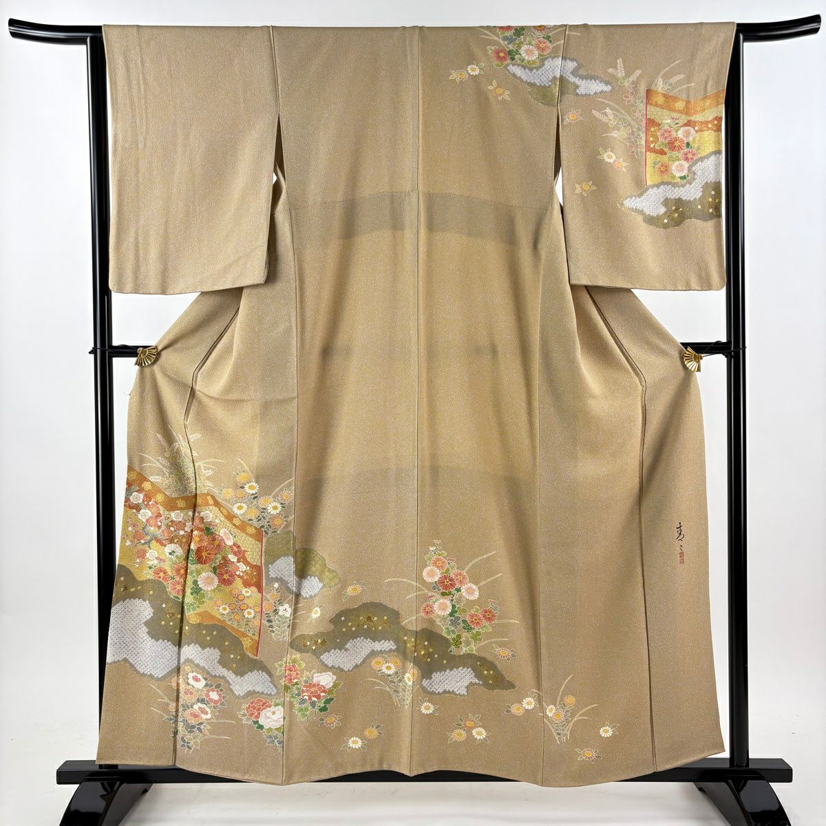 訪問服 身長158.5cm 袖長64.5cm M 雙層 松樹井青青 落款有 菊花 梅花 金銀彩 金絲 米色 純蠶絲 逸品級