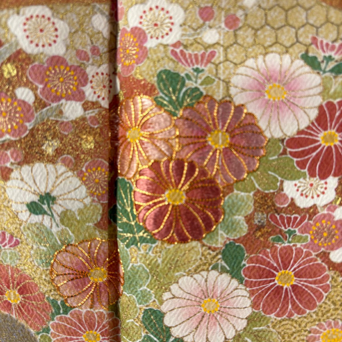訪問服 身長158.5cm 袖長64.5cm M 雙層 松樹井青青 落款有 菊花 梅花 金銀彩 金絲 米色 純蠶絲 逸品級