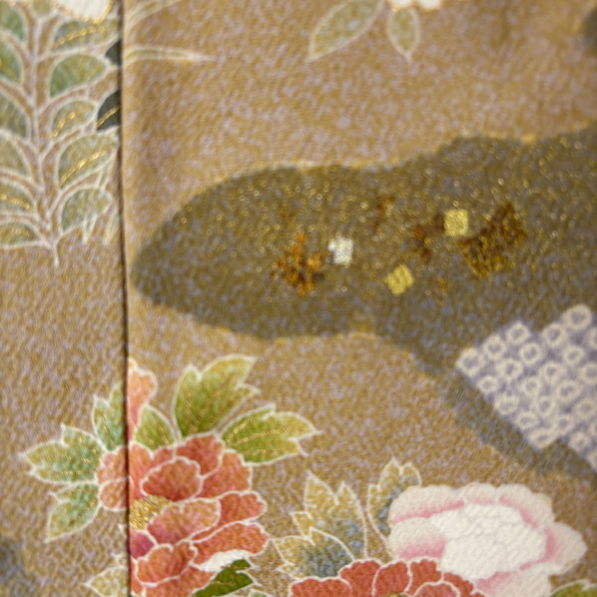 訪問服 身長158.5cm 袖長64.5cm M 雙層 松樹井青青 落款有 菊花 梅花 金銀彩 金絲 米色 純蠶絲 逸品級