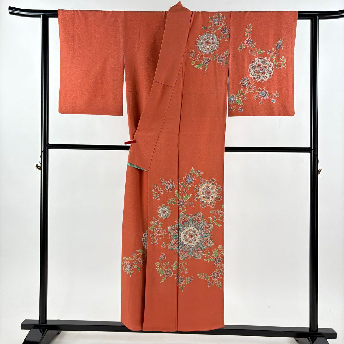 付下 身長152cm 袖長61cm S 雙層 華紋 草花紋紋 金彩裝飾 紅 純蠶絲 逸品級