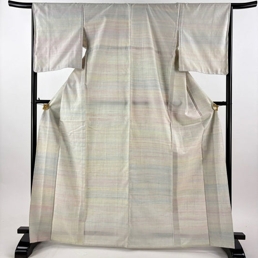 【美品】 紬織 身長167.5cm 袖長66cm M 單層 草木紅染紬織 落款あり 證書あり 橫條 薄綠 純蠶絲 逸品級