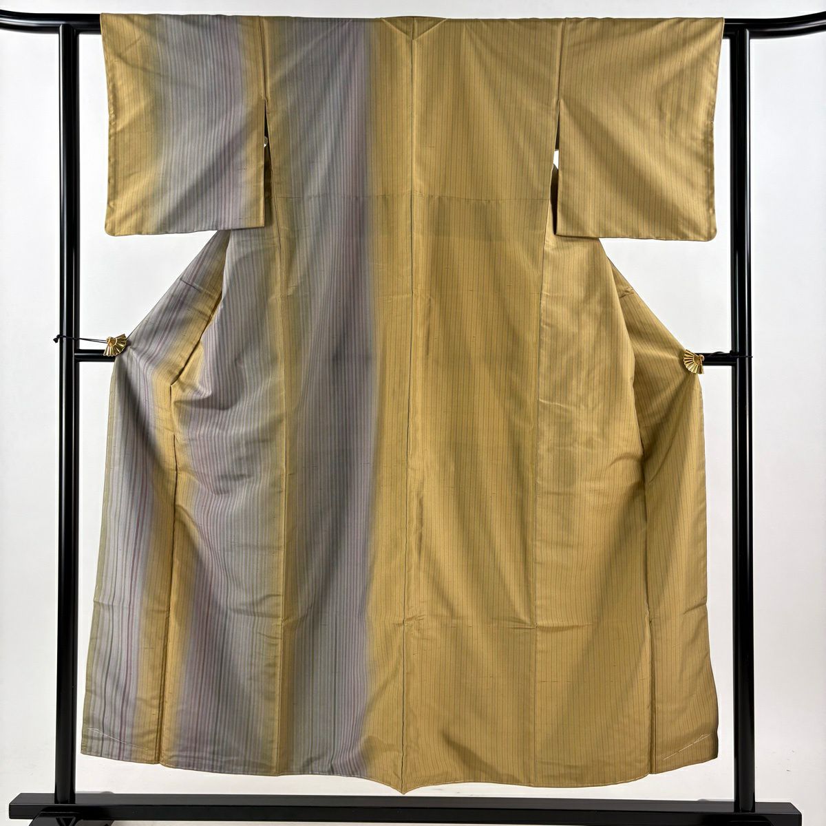 【美品】 付下 身長152cm 袖長60cm S 雙層 伊那紬織織 地 證書あり 縦縞 山吹茶 純蠶絲 逸品級