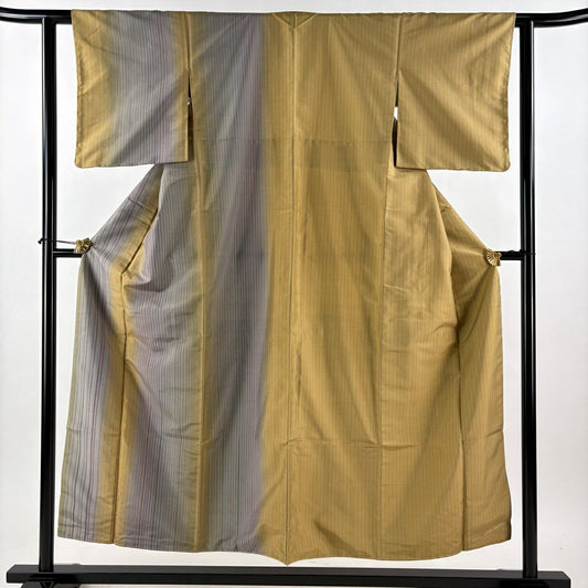【美品】 付下 身長152cm 袖長60cm S 雙層 伊那紬織織 地 證書あり 縦縞 山吹茶 純蠶絲 逸品級