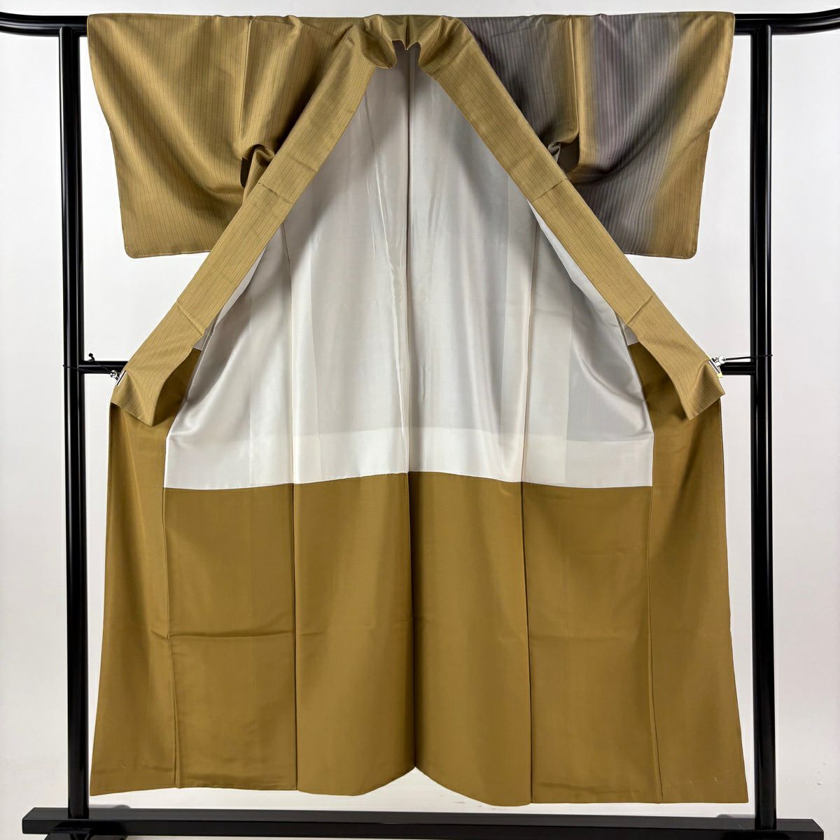 【美品】 付下 身長152cm 袖長60cm S 雙層 伊那紬織織 地 證書あり 縦縞 山吹茶 純蠶絲 逸品級
