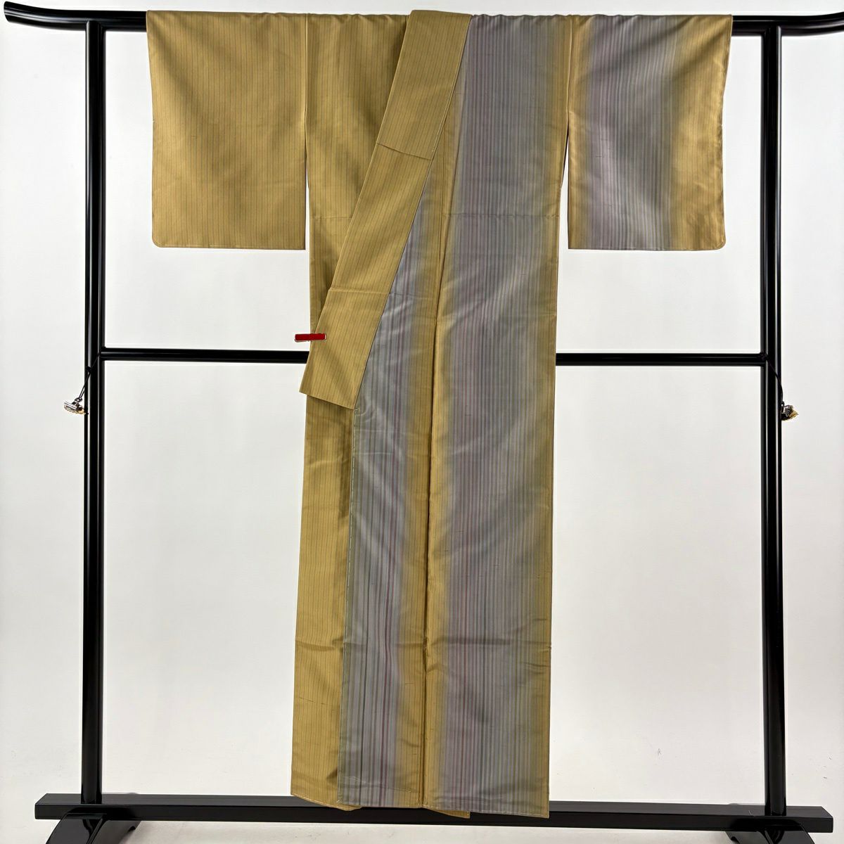 【美品】 付下 身長152cm 袖長60cm S 雙層 伊那紬織織 地 證書あり 縦縞 山吹茶 純蠶絲 逸品級