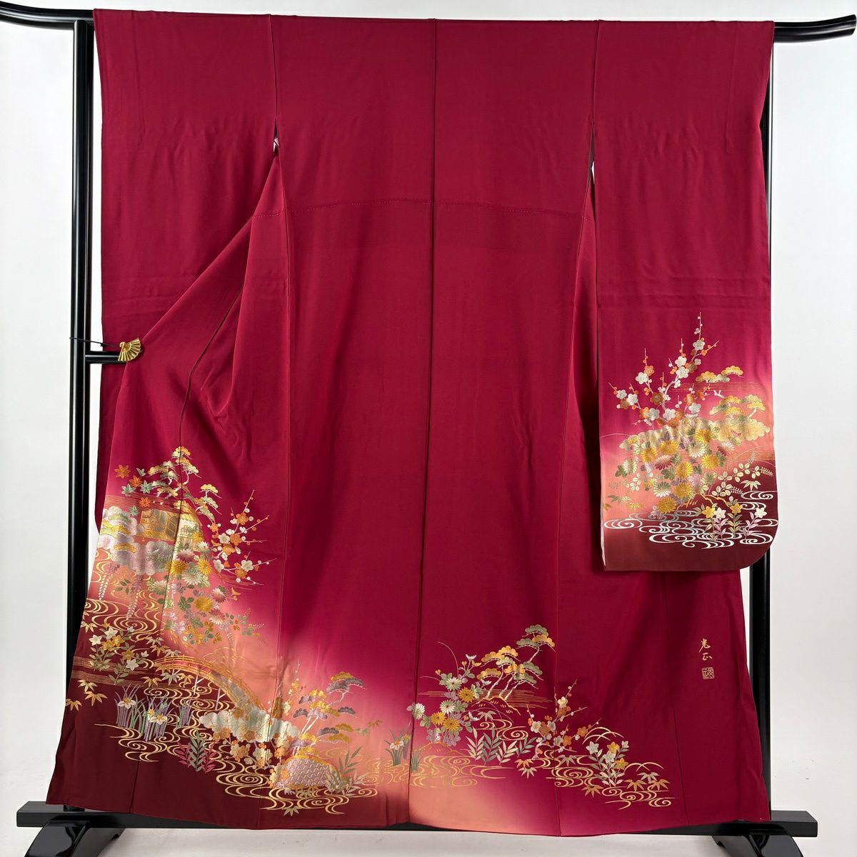 振袖禮服 身長158.5cm 袖長64.5cm M 雙層 和田光正 落款 松樹竹子梅花 建物 金銀彩 漸層 紅 純蠶絲 逸品級