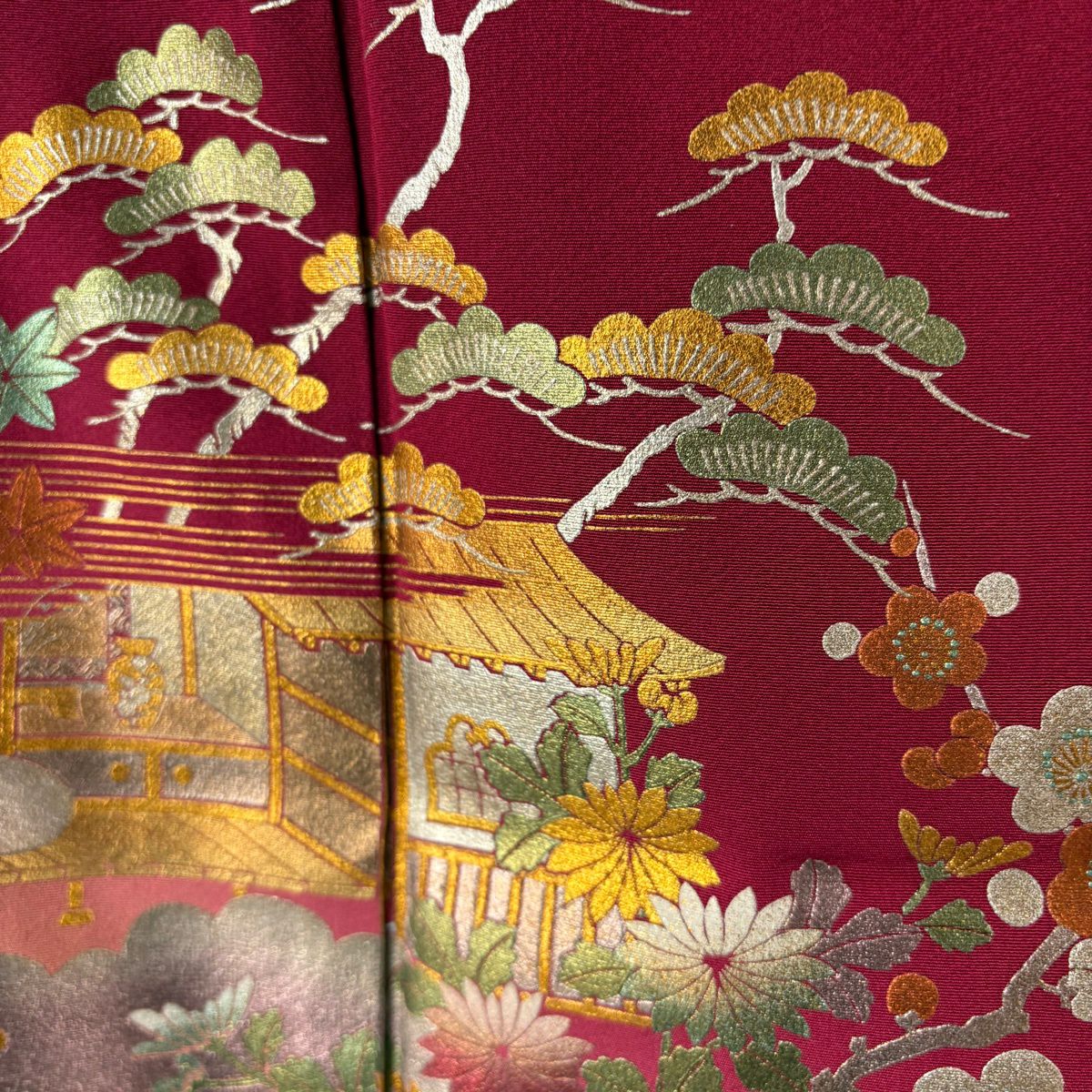 振袖禮服 身長158.5cm 袖長64.5cm M 雙層 和田光正 落款 松樹竹子梅花 建物 金銀彩 漸層 紅 純蠶絲 逸品級