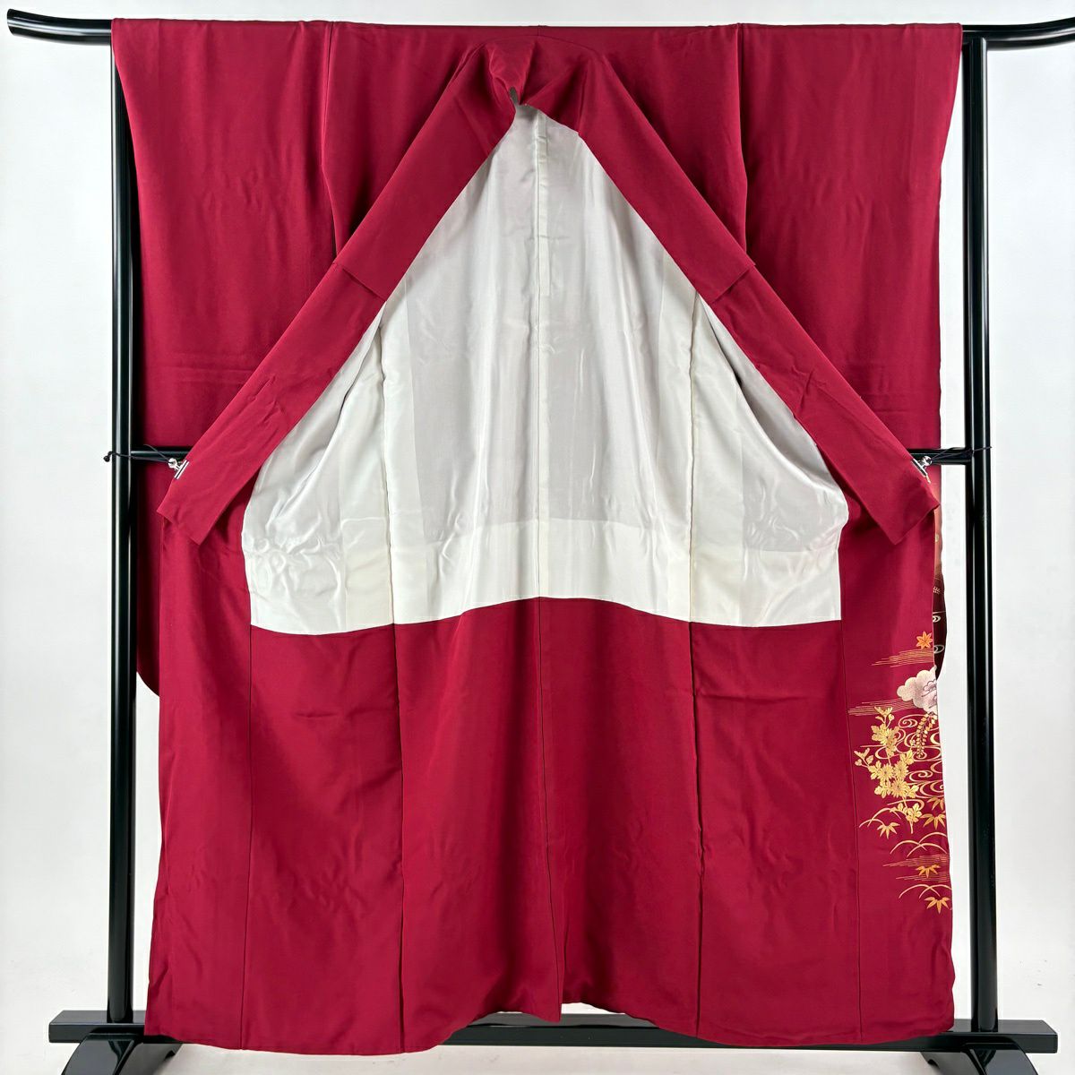 振袖禮服 身長158.5cm 袖長64.5cm M 雙層 和田光正 落款 松樹竹子梅花 建物 金銀彩 漸層 紅 純蠶絲 逸品級