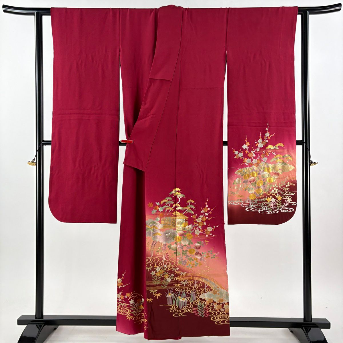 振袖禮服 身長158.5cm 袖長64.5cm M 雙層 和田光正 落款 松樹竹子梅花 建物 金銀彩 漸層 紅 純蠶絲 逸品級