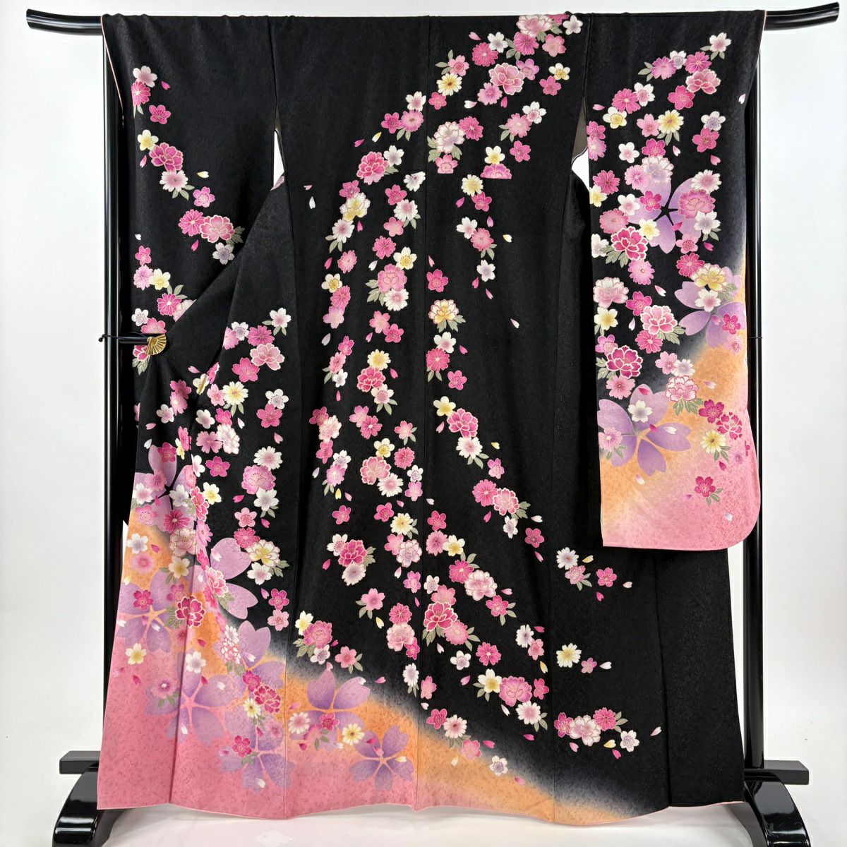 振袖禮服 身長166cm 袖長67.5cm L 雙層櫻梅花金金箔黑純蠶絲逸品級