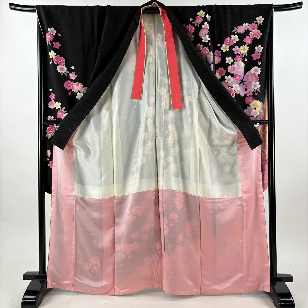 振袖禮服 身長166cm 袖長67.5cm L 雙層櫻梅花金金箔黑純蠶絲逸品級
