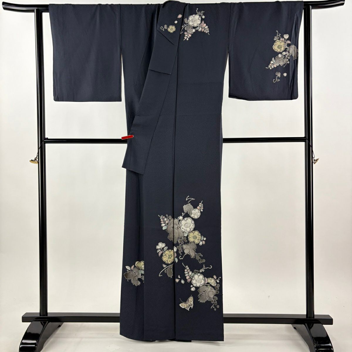 訪問服 身長162cm 袖長66cm M 雙層 大脇一心 落款あり 辻花染 蝶 深藍 純蠶絲 逸品級