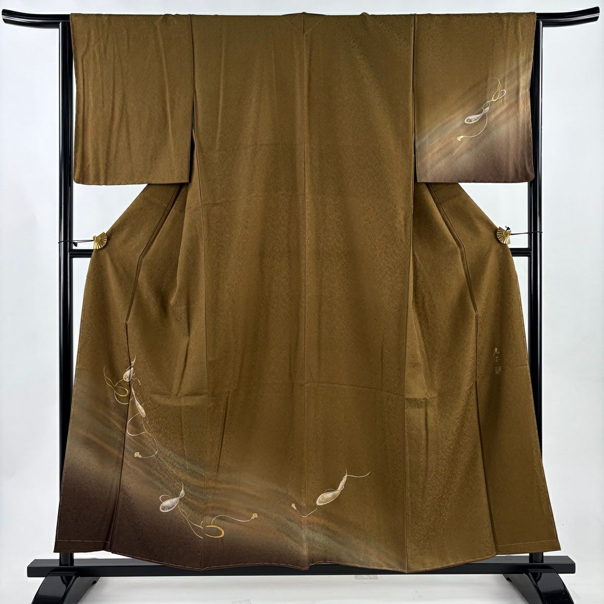 【美品】 付下 身長157cm 袖長65cm M 雙層 和田光正 落款あり 瓢箪 草花紋 金銀彩 漸層 山吹茶 純蠶絲 逸品級
