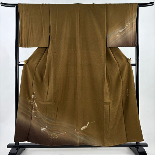 【美品】 付下 身長157cm 袖長65cm M 雙層 和田光正 落款あり 瓢箪 草花紋 金銀彩 漸層 山吹茶 純蠶絲 逸品級