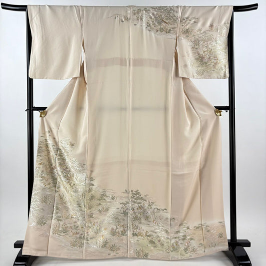 【美品】訪問服 身長165cm 袖長67cm M 雙層 松樹竹子梅花 和樂器 金糸刺繡 粉米色 純蠶絲 逸品級