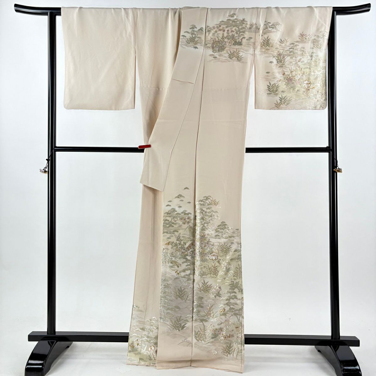【美品】訪問服 身長165cm 袖長67cm M 雙層 松樹竹子梅花 和樂器 金糸刺繡 粉米色 純蠶絲 逸品級
