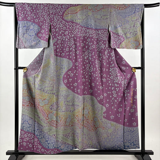 【美品】訪問服 身長155.5cm 袖長66.5cm M 雙層 樋熊哲也 落款あり 辻花染圖案 松樹 染分 ぼかし 灰紫 純蠶絲 逸品級