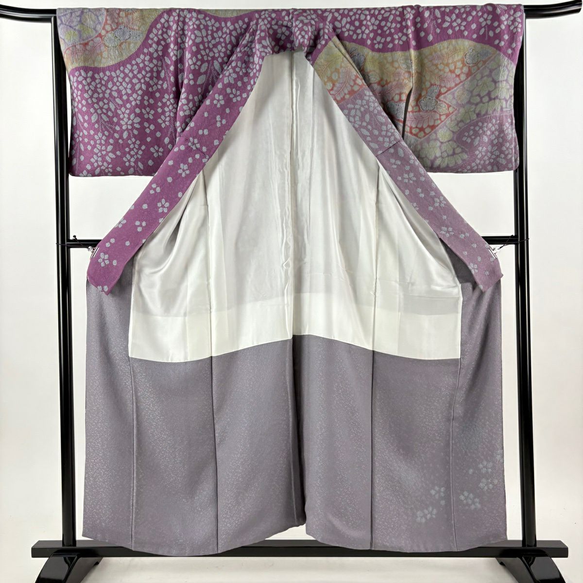 【美品】訪問服 身長155.5cm 袖長66.5cm M 雙層 樋熊哲也 落款あり 辻花染圖案 松樹 染分 ぼかし 灰紫 純蠶絲 逸品級