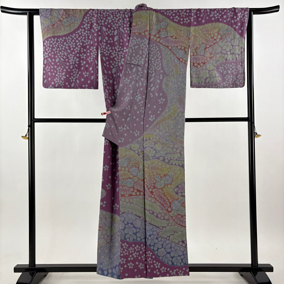 【美品】訪問服 身長155.5cm 袖長66.5cm M 雙層 樋熊哲也 落款あり 辻花染圖案 松樹 染分 ぼかし 灰紫 純蠶絲 逸品級
