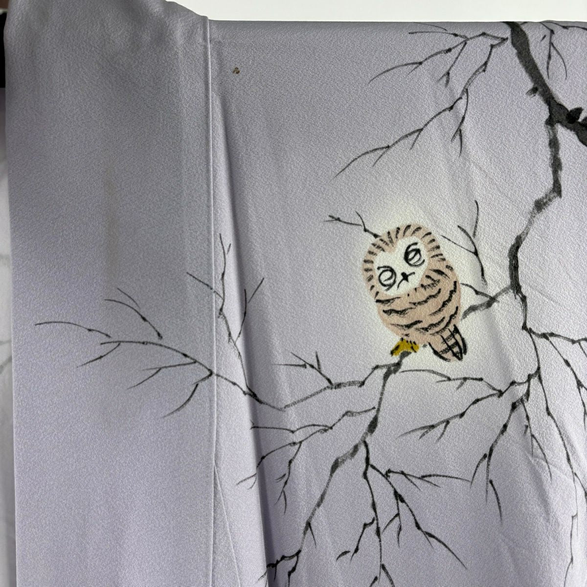 訪問服 身長158cm 袖長66cm M 雙層 附有落款 貓頭鷹 樹木 漸層 淺紫 純蠶絲 逸品級