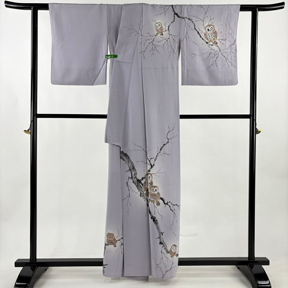 訪問服 身長158cm 袖長66cm M 雙層 附有落款 貓頭鷹 樹木 漸層 淺紫 純蠶絲 逸品級