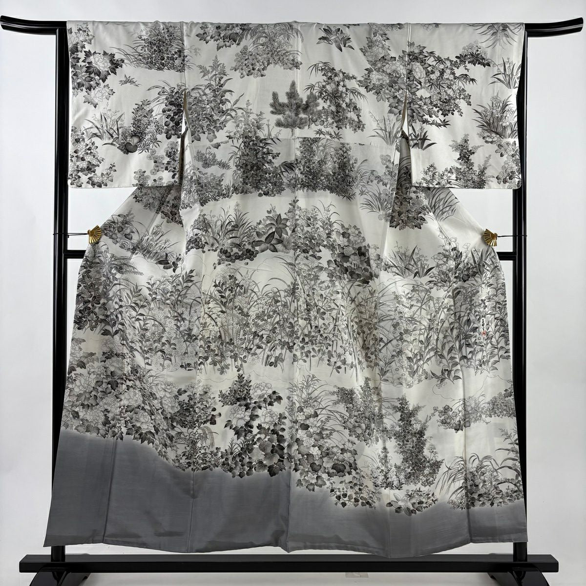 訪問服 身長153.5cm 袖長66cm M 雙層 山岡古都 落款あり 證書あり 草花紋紋 牡丹 灰白 純蠶絲 逸品級