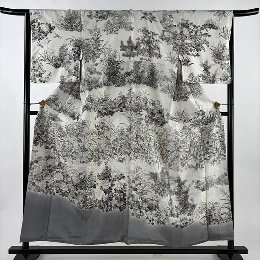 訪問服 身長153.5cm 袖長66cm M 雙層 山岡古都 落款あり 證書あり 草花紋紋 牡丹 灰白 純蠶絲 逸品級