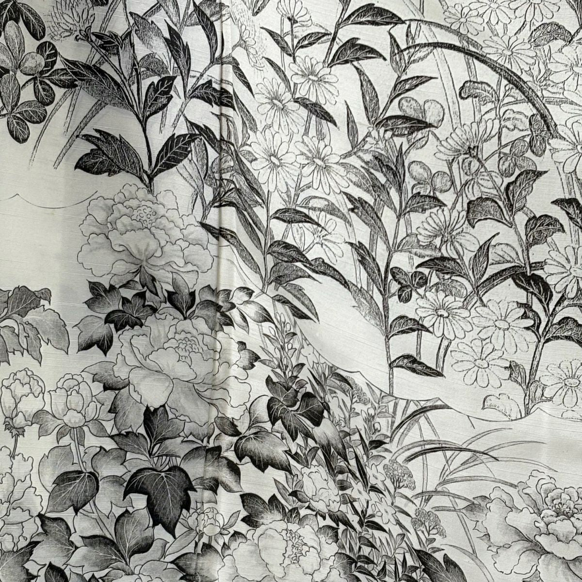 訪問服 身長153.5cm 袖長66cm M 雙層 山岡古都 落款あり 證書あり 草花紋紋 牡丹 灰白 純蠶絲 逸品級