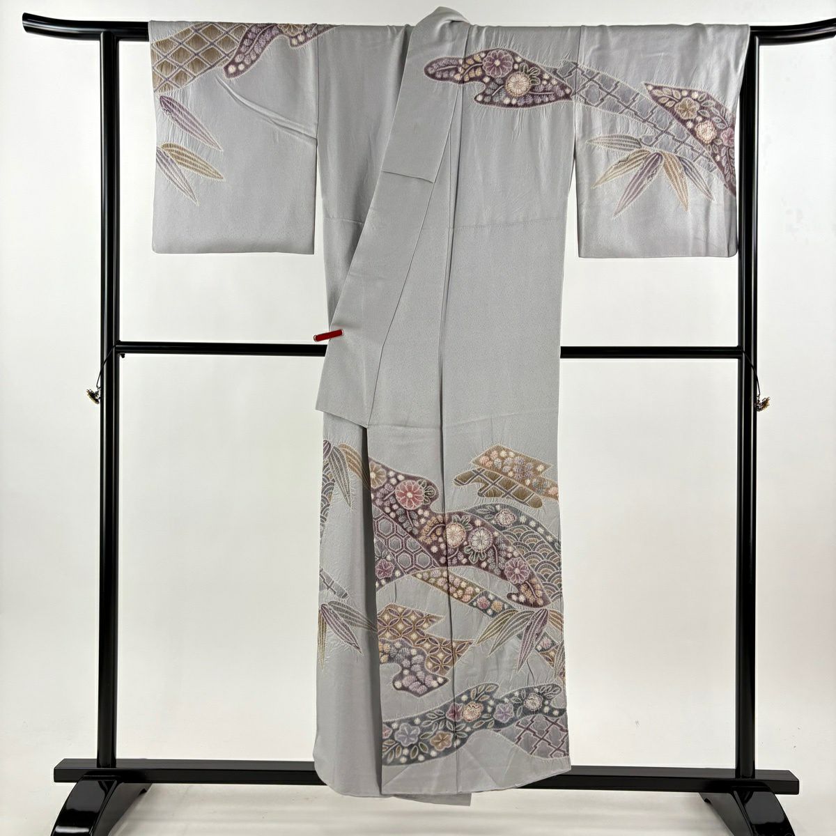 訪問服 身長153cm 袖長66cm M 雙層 樋熊哲也 落款あり 菊花 有職文樣 絞染 灰 純蠶絲 逸品級