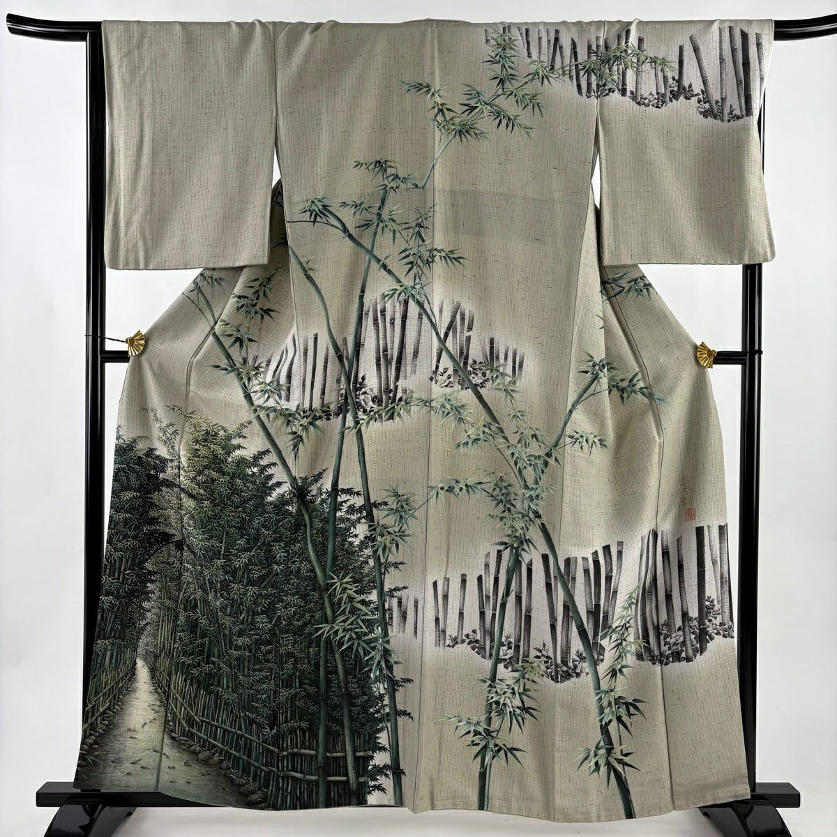 【美品】訪問服 身長160cm 袖長67cm M 雙層 紬織織 田家鬼彩 落款あり 竹子林 椿 灰綠 純蠶絲 逸品級