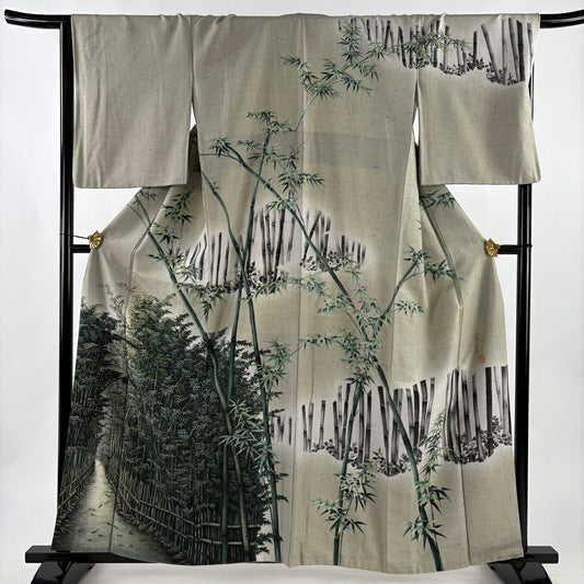 【美品】訪問服 身長160cm 袖長67cm M 雙層 紬織織 田家鬼彩 落款あり 竹子林 椿 灰綠 純蠶絲 逸品級